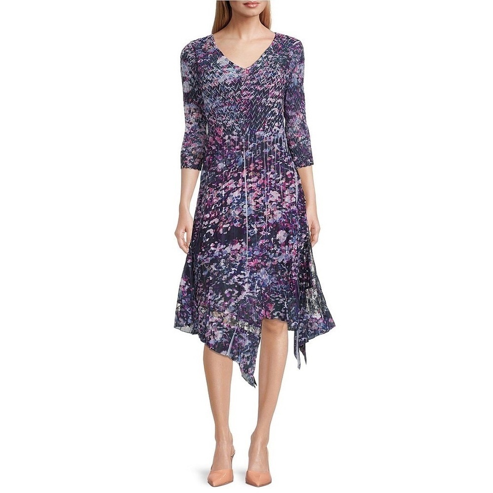 NWT Komarov Handkerchief Hem Chiffon Cocktail‎ Dress 3/4 Sleeve V-Neck Dress